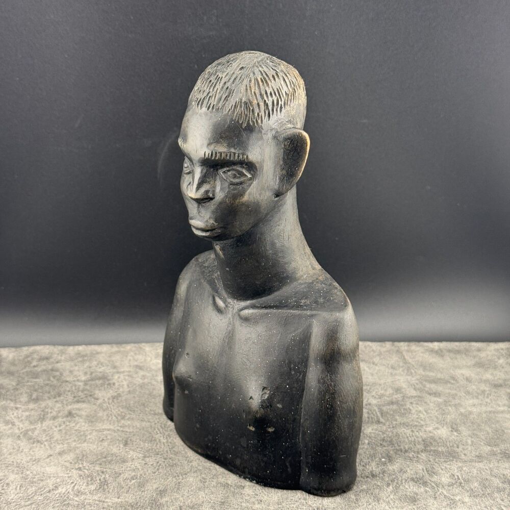 Vintage Dark Solid Wood Hand Carved African Figur Bust Textured Hair 7" Tall